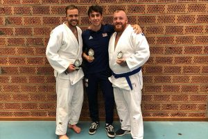 JFAUK Judoka Ross Elliot, Sam Sampson and Adam Brown with their trophies.